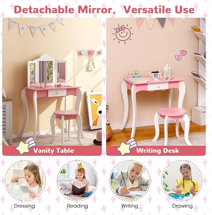 HONEY JOY Kids Vanity, Toddler Wooden Makeup Vanity Table & Chair Set, Tri-Fold Princess Mirror, Little Girls Vanity Set with Mirror and Stool (Pink)