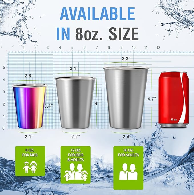 Stainless Steel Kids Cups 8 oz - Stainless Steel Small Children Cups for Home & Outdoor Activities, BPA Free Unbreakable Premium Stackable Metal Drinking Glasses (4-Pack) - Rainbow Colorful Finish