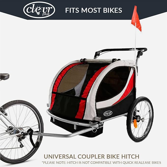 ClevrPlus Deluxe 3-in-1 Double 2 Seat Bicycle Bike Trailer Jogger Stroller for Kids Children | Foldable Collapsible w/Pivot Front Wheel