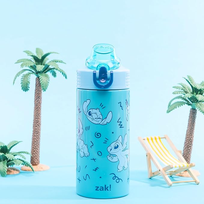 Zak Designs Disney Sage Kids Water Bottle For School or Travel, 14oz Stainless Steel Water Bottle With Straw, Handle, and Leak-Proof, Pop-Up Spout Cover (Stitch)