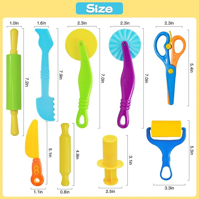 Playdough Tool Set, 9 Pcs Play Dough Tools Sets for Kids Ages 4-8, Playdough Accessories Includes Cutters Roller, Rolling Pins, Safety Scissors, Plastic Knife