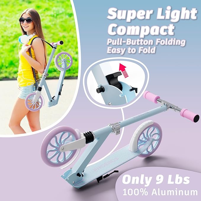 PHOEROS Kick Scooter for Kids Ages 6-12,Teens & Adults, Youth. Lightweight Aluminum Kick Scooter for Teens Adults Boys Girls with 8 inch Big Wheels, Foldable, 3 Height Adjustable, Shock Absorption.