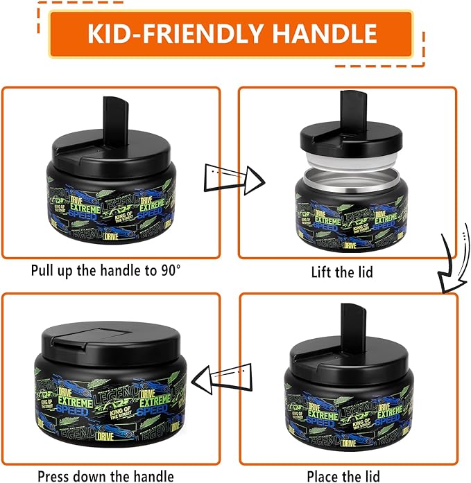 13.5oz Kids Soup Jar for Hot Food Vacuum Insulated Food Jar with Buckle Lid, Stainless Steel Wide Mouth Leak Proof Lunch Container for School Picnic Travel (Car Black)