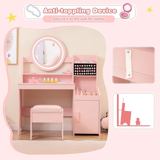 INFANS Kids Vanity with Lights, Princess Makeup Desk with Mirror Storage Shelves, Toddler Table and Chair Set Pretend Play for Girls Aged 4-9 (Pink)