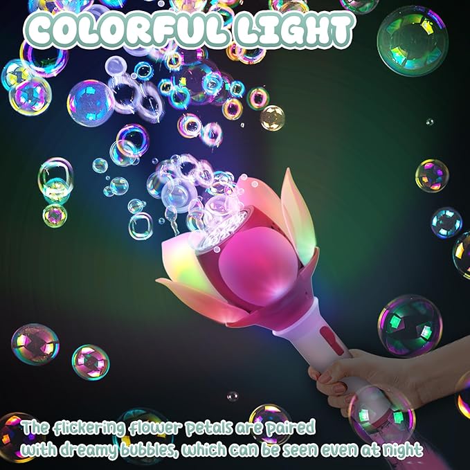 PANACARE Bubble Wand Blower for Kids Handheld Lotus Bubble Wand Automatic Bubble Machine with Battery/Light/10000+Bubbles/Bubble Solution Bubble Toy Gift for Girl Boys Party Weddings Outdoor Indoor