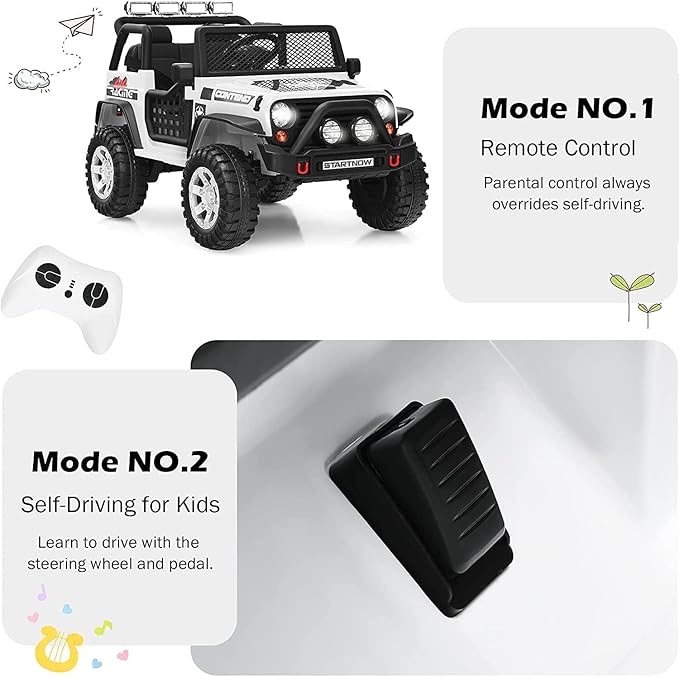 Costzon 2-Seater Ride on Truck, 12V Battery Powered Electric Vehicle w/Remote Control, 2 Speeds, Spring Suspension, LED Light, Horn, Music/ MP3, 2 Doors Open, Ride on Car for Kids (White)