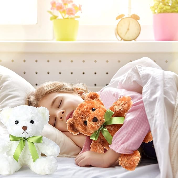 Hungdao 30 Pcs 10 Inch Plush Bears Bulk Stuffed Animals Cute Soft Toys Gifts with Ribbon White and Light Brown Shaggy Bears with Green Bow for Birthday Gift Baby Shower Wedding Decor