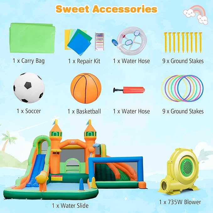 BOUNTECH Inflatable Water Slide, 9 in 1 Dual Slides Kids Water Park Jump Castle Water Soccer, Big Splash Pool, Water Slides Inflatables for Outdoor, Backyard Party Water Slide Bounce House with Blower