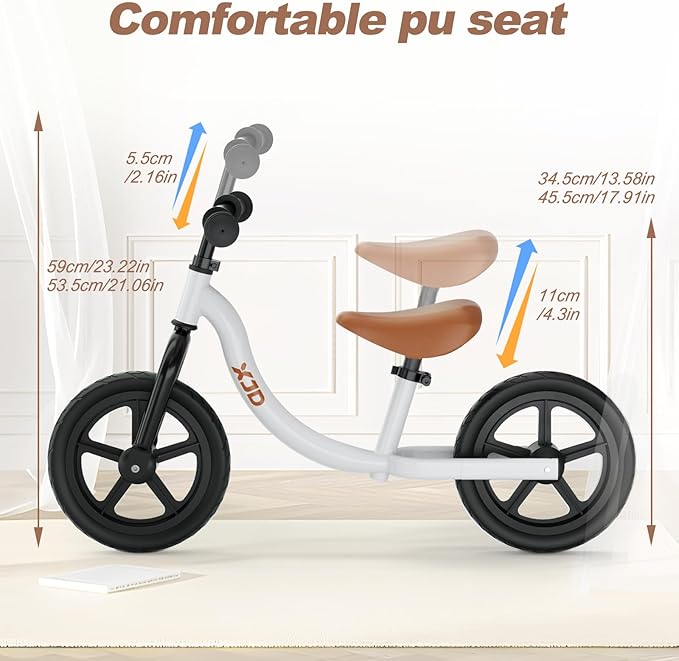 XJD Toddler Balance Bike 2 Year Old, 12 NCH No Pedal Bicycle for Girls Boys Ages 18 Months to 5 Years Old Toddler Training Push Bike Adjustable Seat (White)