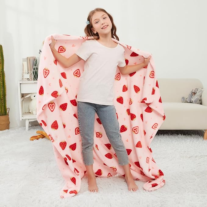 Viviland Kids Throw Blanket, Pink Strawberry Blankets for Toddler, Soft Warm Lightweight Plush Throw Blanket Fleece Blanket for Sofa Chair Couch Bed for Kids, 50" x 60"
