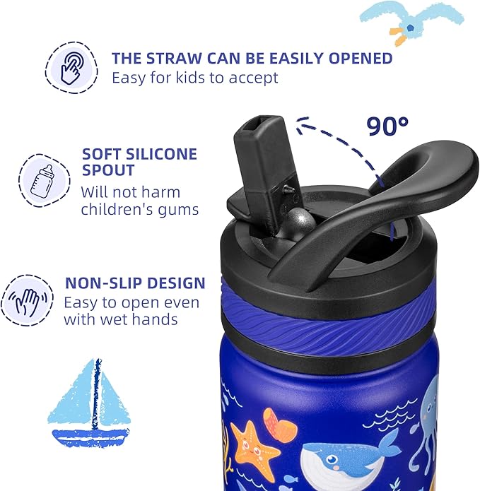 Fanhaw 14 Oz Kids Insulated Water Bottle with Straw - Stainless Steel Double Wall Vacuum Cup, Leakproof, BPA Free, Suitable for Boys and Girls(Blue - Ocean)