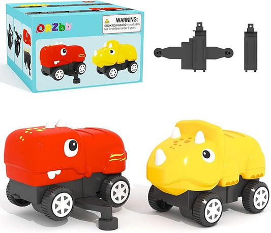 Magnetic Tiles Dinosaur Car Toddler Toys 3 4 5 Year Old Boys Girls, Magnetic Blocks Monster Car - 2 Dinosaur Lids and 2 Chassis, Compatible with Traversable on Magnet Roads.