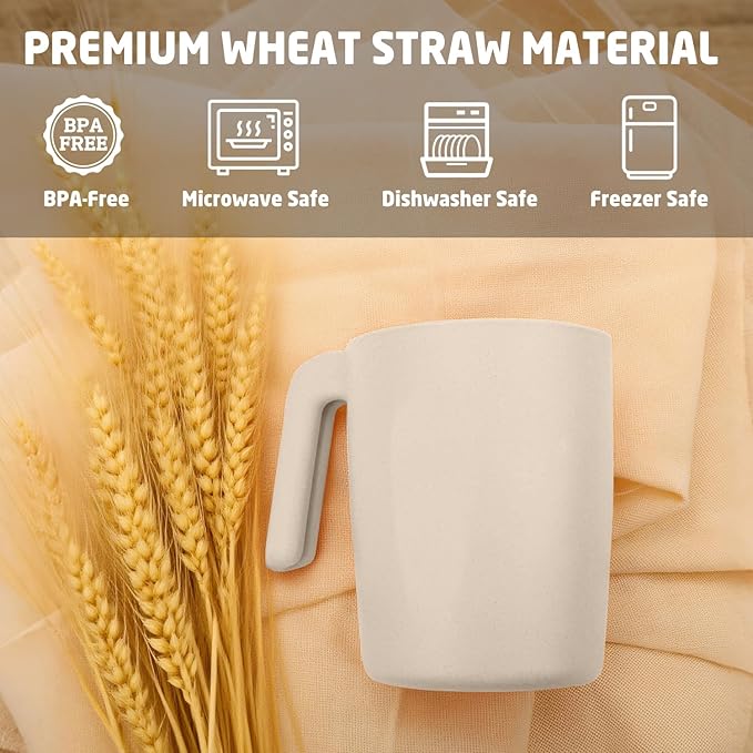 Coffee Mugs Set of 6, Wheat Straw Cups 16 oz, Resuable Plastic Mugs With Handle, Unbreakable Kids Mugs, Dishwasher and Microwave safe Coffee Cups for Tea, Camping & Kitchen (Beige)