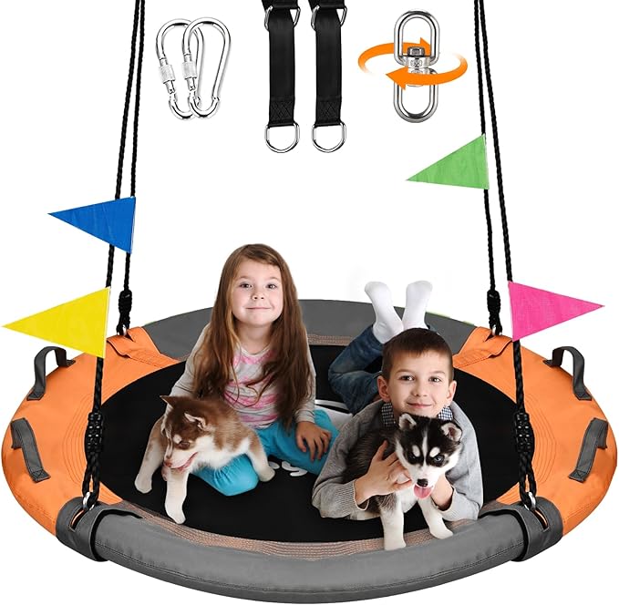 Tree Swing, Saucer Swing Sets 43 Inch for Kids, Come with 360 Degree Swivel and Adjustable Hanging Strap, Gray and Orange
