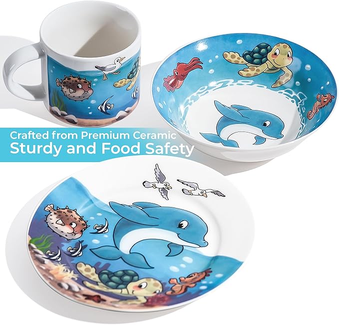 MIAMIO – Set of 3 Kids Dinnerware Set/Porcelain Children Dishes, Kids Dish Set, Children’s Tableware Set - Includes Plate, Bowl and Cup – For Kids and Toddler (Ocean)