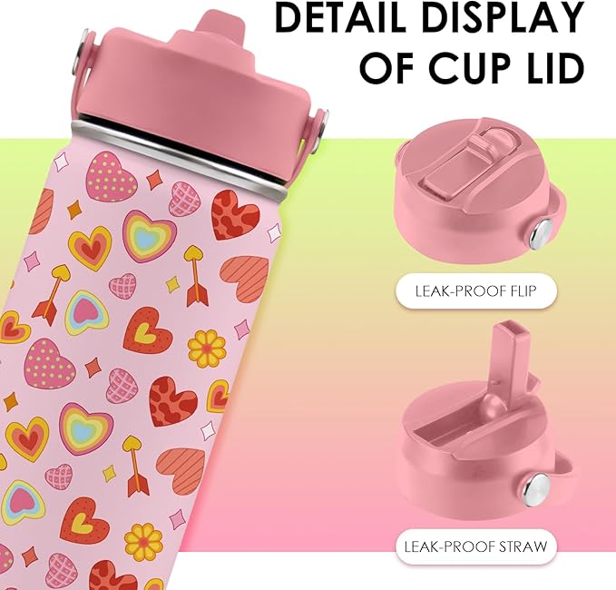 Heart Gifts for Kids - 16 Oz Kids Water Bottle with Straw Lid, Stainless Steel Insulated Tumbler, Leak Proof, BPA-Free, for Girls, School, Travel - Heart Pattern Children Birthday Gifts Cups(1pc)