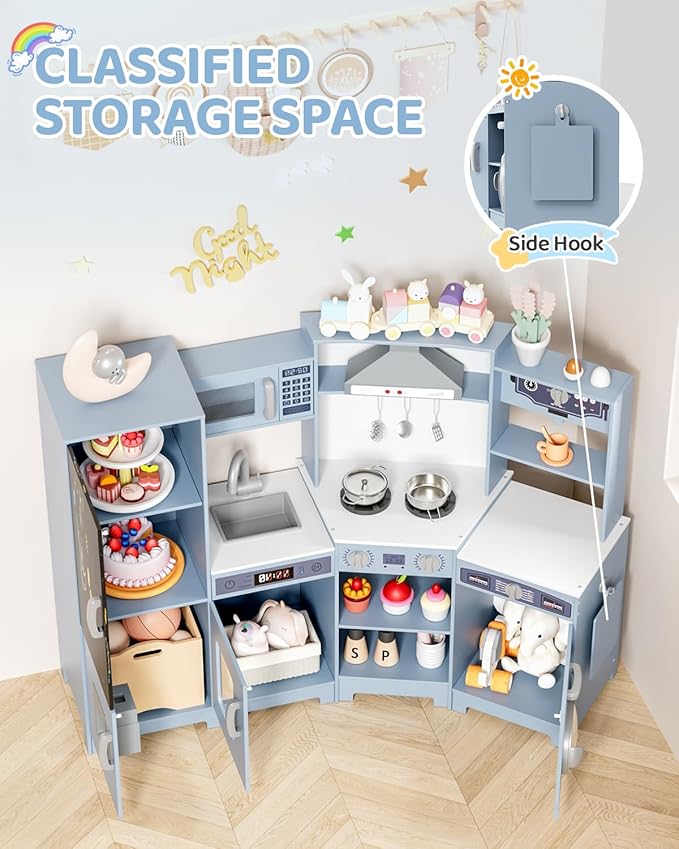 MAMIZO Wooden Corner Play Kitchen, Large Ultimate Interactive Toddler Pretend Kids Kitchen Playset with Blackboard, Stove & Range Hood w/Light & Sound, Ice Maker, Washing Machine, 6 Toy Set (Blue)