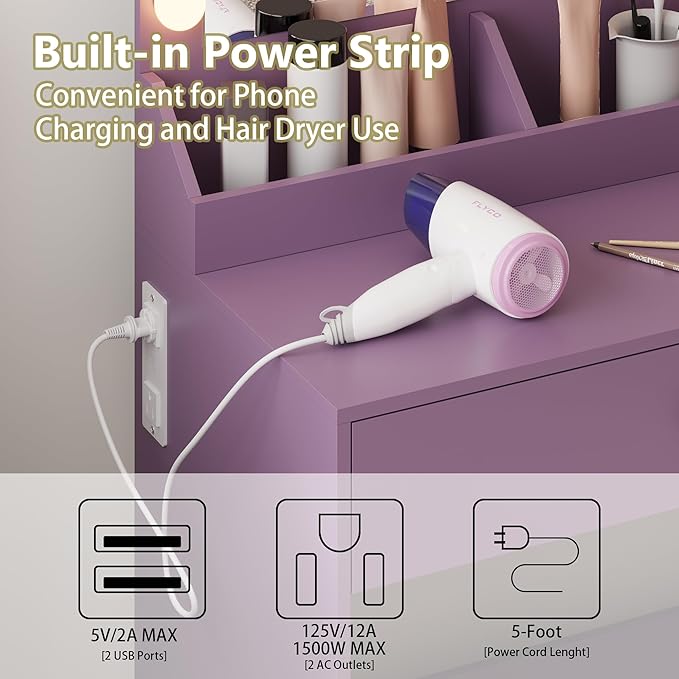 Small Vanity Desk with Mirror and Lights, Makeup Vanity Desk with Adjustable Brightness 3 Light Modes, RGB Storage Cabinet, Power Outlet, Drawer, Shelves (Lavender Mist)