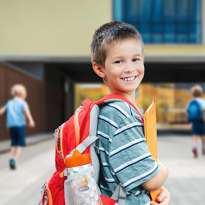 SANDJEST Kid Water Bottle 12oz with Straw Lid - 2-Pack Insulated Stainless Steel Water Bottles for Kids Girls - Travel Cup for School Sports, Construction & Dinosaur