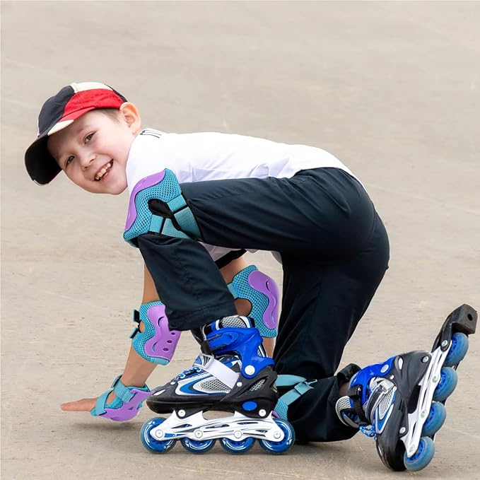 BOSONER Knee Pads for Kids Roller-Skating: Adjustable Protective Gear Set Knee Elbow Pads Wrist Guards for Bike Cycling Skateboarding Scooter Gifts 3-8/9-15 Years Boys Girls