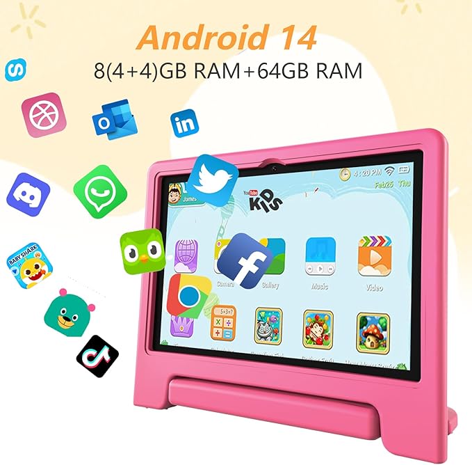 10.1-Inch Kids Tablet, 8GB+64GB, Android 14, 8-Core CPU, Educational Apps, Parental Controls, WiFi, 1280x800 HD Display, Cameras, Shockproof, Long Battery Life