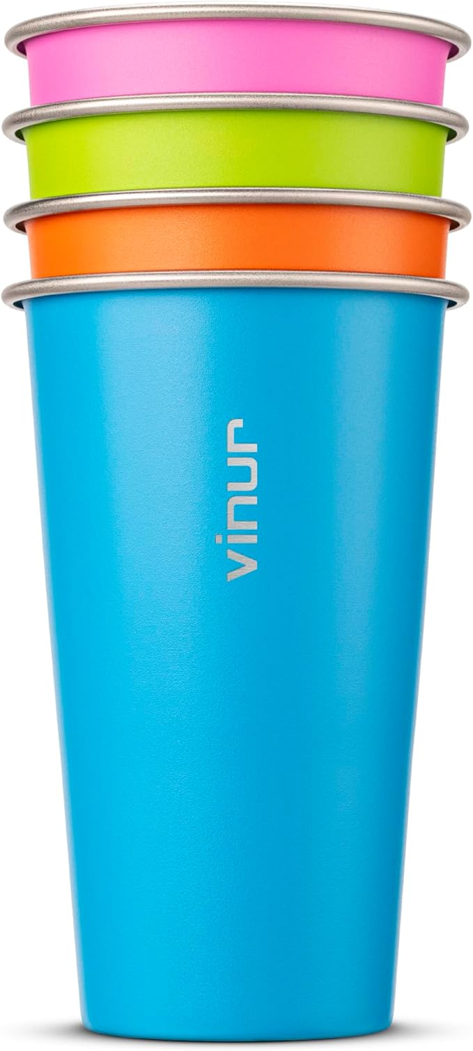VINUR 20 oz Stainless Steel Cups 4 Pack Pint Tumbler Stackable Metal Drinking Glasses for Travel, Camping, Outdoors (Sky Blue-Orange-Hot Pink-Apple Green)