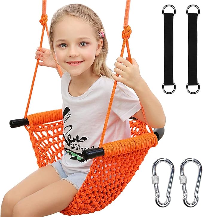 Hi-Na Kids Swing for Swing Set, Heavy Duty Rope Swings with Snap Hooks and Straps, 440LBS Capacity, Toddler Swing Seat for Indoor Porch, Outdoor Playground, Tree, Orange