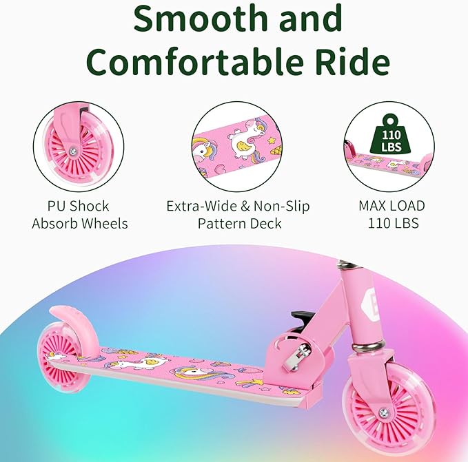 BELEEV V2 Scooters for Kids with Light-Up Wheels & Stem & Deck, 2 Wheel Folding Scooter for Girls Boys, 3 Adjustable Height, Non-Slip Pattern Deck, Lightweight Kick Scooter for Children Ages 3-12