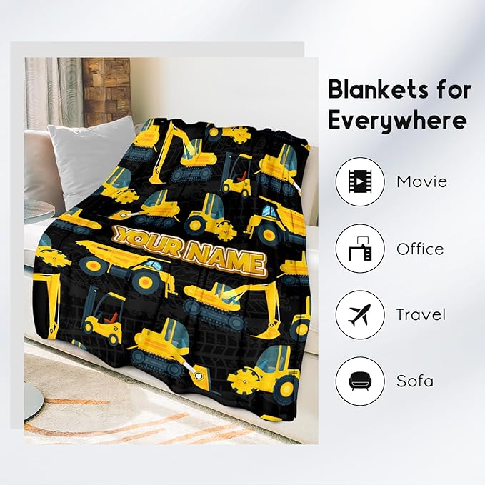 Personalized Truck Blanket with Name, Custom Kids Boys Blanket for Truck Lovers, Toddler Blankets for Boys Car Gifts, Flannel Fuzzy Throw Blanket for Bed Living Room (Yellow, 60x80 Inch)