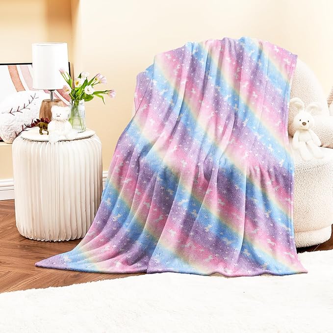 Wajade Unicorn Gifts for Girls - Glow in The Dark Unicorn Blanket Birthday Christmas Decor for Kids Age 3 4 5 6 7 8 9 10 11 12 Years Old Teens Child Toddler Throw Rainbow 60"x80"