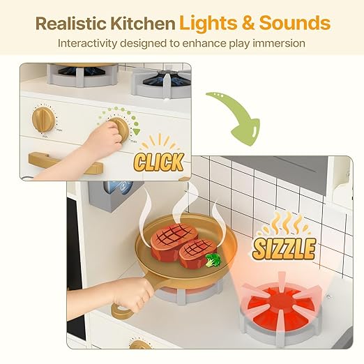 BIERUM Play Kitchen - Kids Kitchen Playset with Realistic Lights & Sounds, 28 Pcs Toy Food & Cookware Accessories, Plenty of Play Features, Idea Gift for Boys and Girls Ages 3+