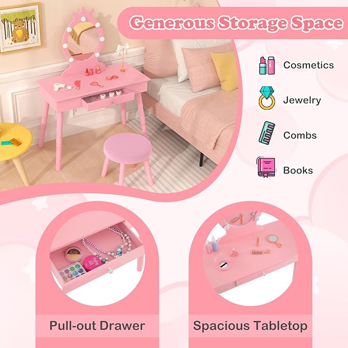 HONEY JOY Kids Vanity with Lights, Princess Wooden Makeup Table & Stool with Drawer, 3-Color LED Lights, Toddler Dressing Vanity for Little Girls, Pretend Play Kids Vanity Table and Chair Set (Pink)