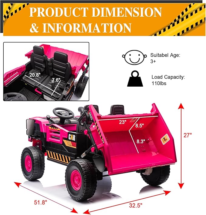 24V 4WD 2-Seater XL Kids Ride on Truck Electric Toy Car with Electric Dump Bed, Parents Remote Control Kids Car Tractor Toys Ride-on Dump Truck for Boys and Girls Ages 3+, Pink