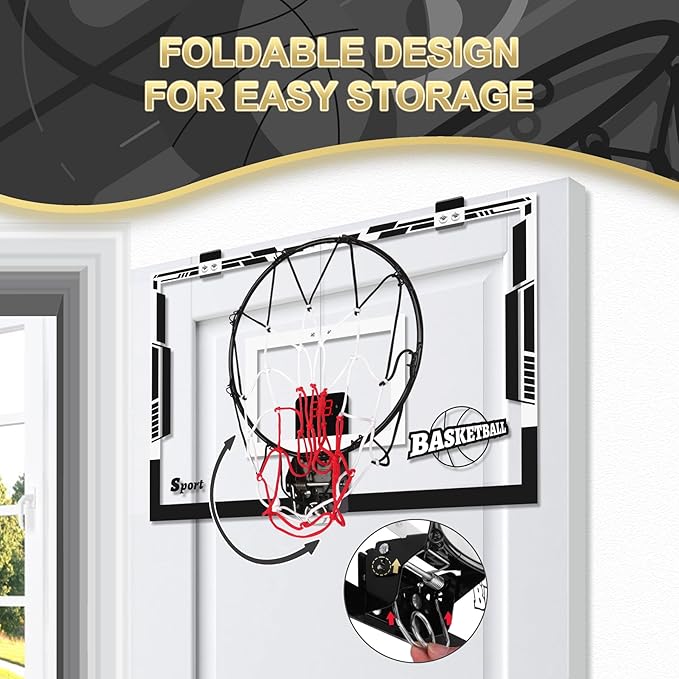 Large Basketball Hoop Indoor, 24" x 16" Mini Basketball Hoop for Kids, Over The Door Basketball Hoop with Scoreboard, Balls & Pump, Sport Toys for Teens Adults Boys Girls Office Bedroom