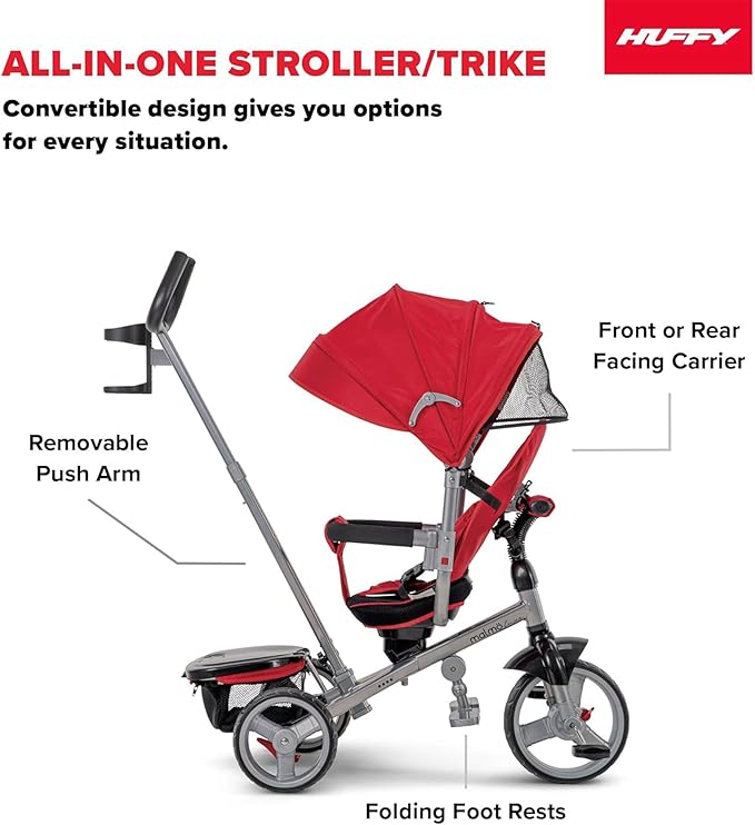 Huffy Malmö 4-in-1 Toddler Push Bike Trike for Kids, Learning Tricycle for Toddlers, Adjustable Push Handle, Grows with Your Kid, Multiple Options and Colors Available, Removable Canopy, Storage Bin