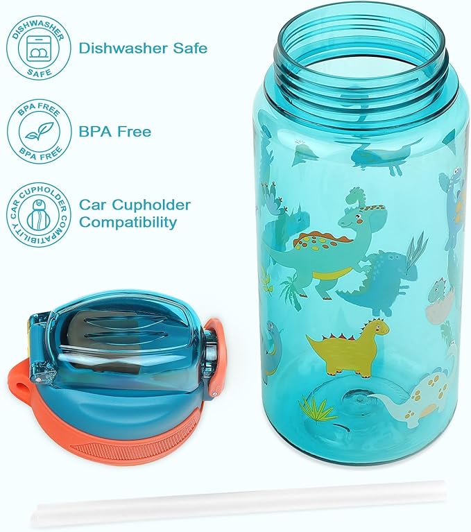 Kids Water Bottle for School or Travel, 20 Oz 2 Pack Durable Plastic Water Bottle with Silicone Straw and Pop-Up Spout Cover, BPA Free & Dishwasher Safe(Unicorn & Dinosaur)