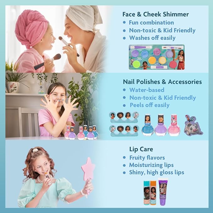 Moana 2 Train Case Beauty Set, Kids Makeup Kit for Girls, Real Washable Makeup Set, Play Makeup, Party Favor, Birthday, Ages 3 4 5 6 7 8 9 10 11 12 by Townley Girl