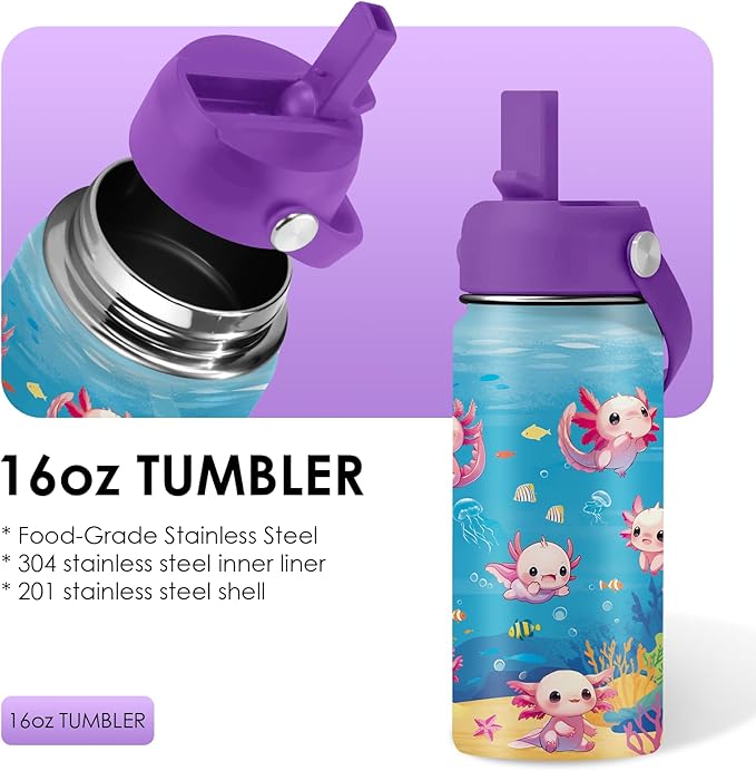 Axolotl Gifts for Girls 16 oz Kids Water Bottle with Straw Lid, Stainless Steel Insulated Tumbler, Leak Proof, BPA-Free,Adorable Ocean Animal Mug Cup for Sports,Travel Children Birthday Gifts (1pc)