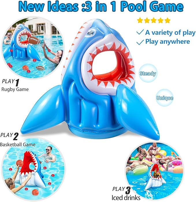 Inflatable Pool Floats, Kids Swimming Pool Toys 3-in-1 Shark Basketball & Football & Head Hoop for 3 4 5 6 7 8 Years Boys Girls Beach Backyard Party Water Games Birthday Gift