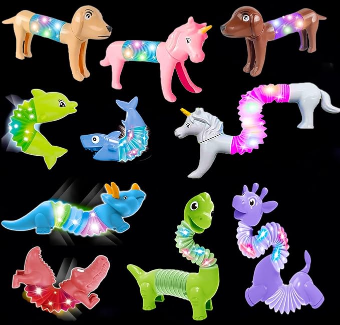 LED Animal Pop Tubes Fidget Toys 10PCS, Sensory Toys for Autism & Stress Relief, Travel Toys for Car and Airplane, Christmas Stocking Stuffers for Kids & Toddlers