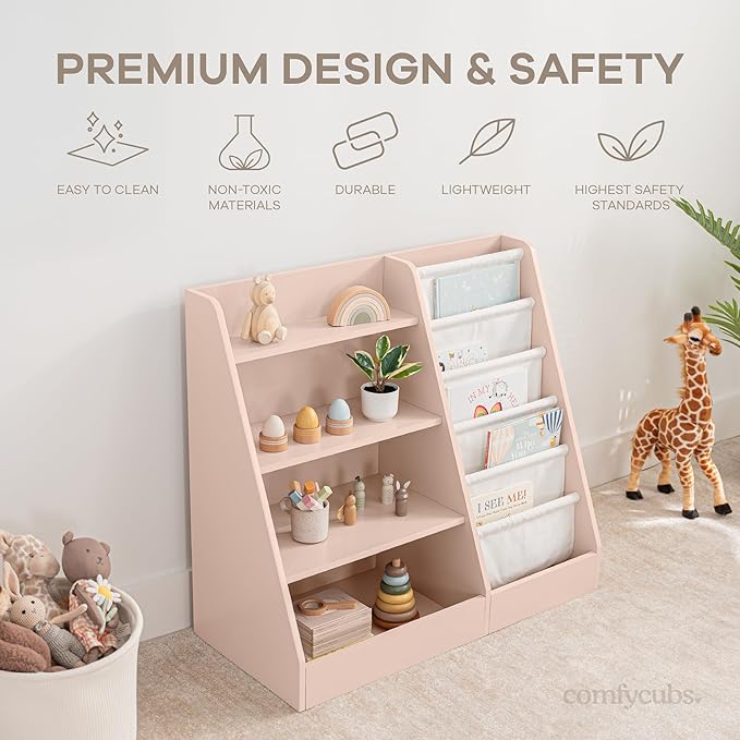 Comfy Cubs Kids Bookshelf 35.2 x 15.7 x 31.5 Inches - Sturdy MDF Montessori Book Shelf with Soft & Hard Shelves for Toys & Books - Child-Friendly, Easy Access Storage Organizer for Kids - Blush