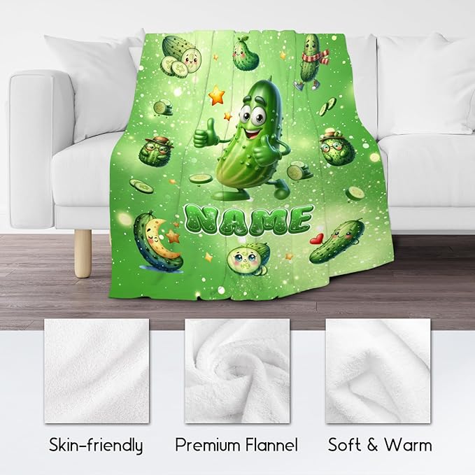 Pickle Blanket - Personalized Boys Girls Blankets Gifts for Pickle Lovers - Soft Flannel Kids Throw with Name for Couch, Bed, Room Decor, 4 Size