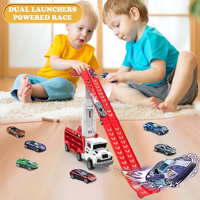 Toddler Car Truck Toys,Car Carrier Trucks Toy for Kids Age 3-5 4-8,Foldable Car Track Sets with 2.8-Ft Race Track and 6 Die-Cast Race Cars, Truck Toys Gifts for 3 4 5 6 7 8+ Year Old Boys Girls(Red)