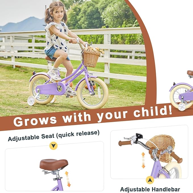 Glerc Little Molly 12-20 Inch Kids Retro Cruiser Bike for 2-13 Year Old with Wicker Basket & Training Wheels/Kickstand, Multiple Colors