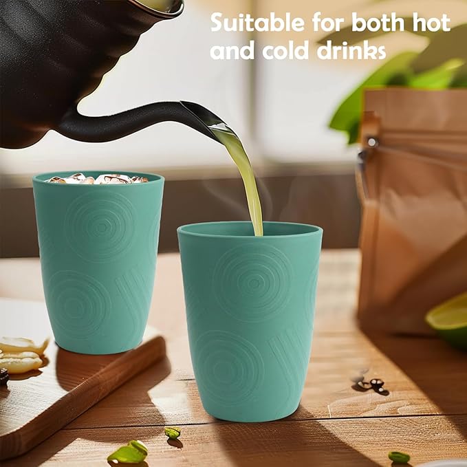 Glasses Drinking Set 6 PCS - Wheat Straw Cups Lightweight Plastic Cup Set 12 OZ Unbreakable Cups Microwave and Dishwasher Safe Water Tumbler, Kitchen Cup for Picnics, Camping, RV - Green