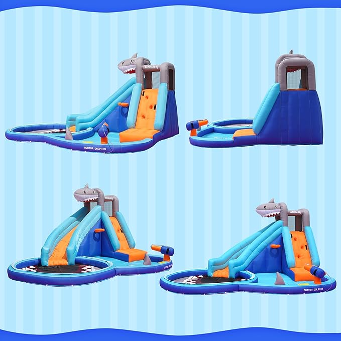 INFLATEBLE Waterslide Bounce House, Shark Blow-up Bouncer Toddlers Water Park Kids Bouncy Castle for Wet and Dry