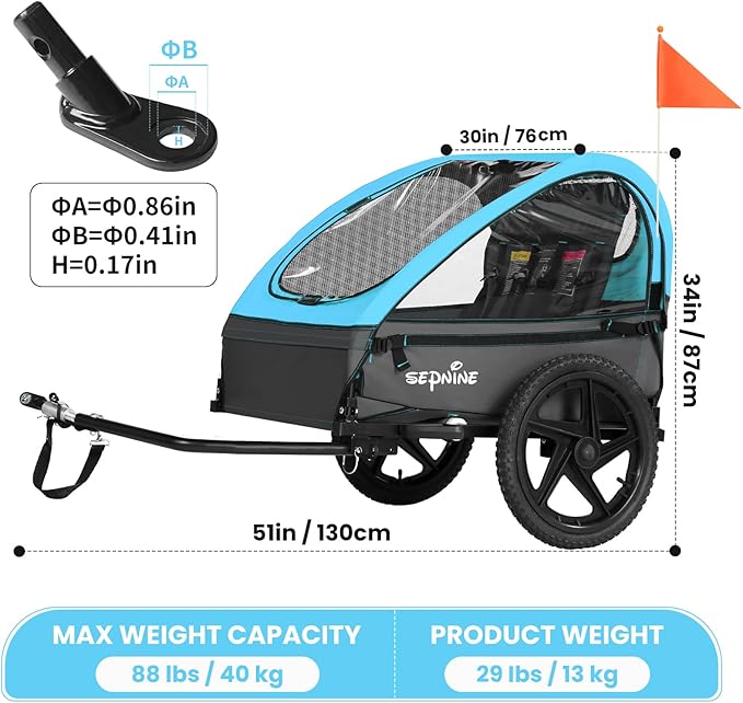 Sepnine Kids Bike Trailer, Suitable for 1 to 2 Kids, 12+ Months, Quick Attach to Bike, Foldable, with 5-Point Harness and Storage Bags