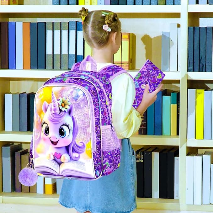CCJPX 3Pcs Unicorn Backpack, 16” Kids Girls Bookbag with Lunch Box, Water Resistant Elementary School Bag for Kindergarten Preschool Toddler (Purple)