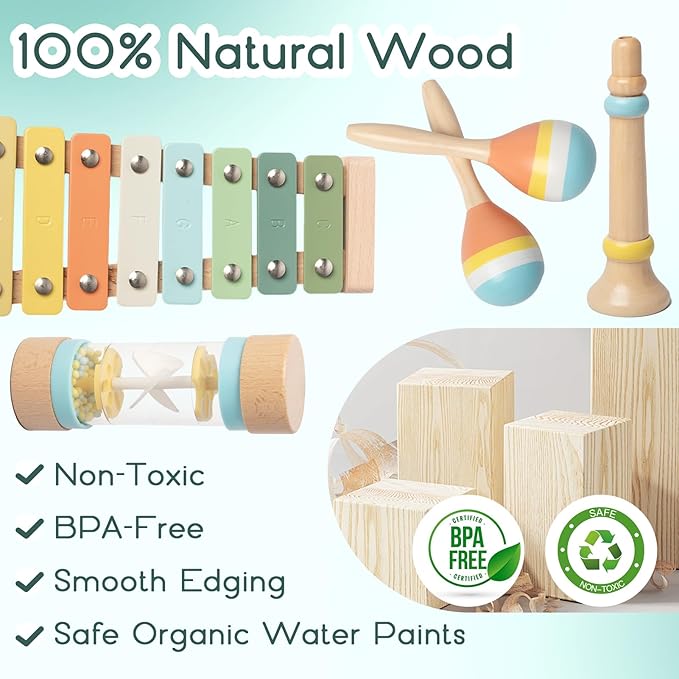 Baby Musical Instruments - Wooden Montessori Toys for Toddlers,Modern Boho Xylophone Includes Songbook with 13 Kids' Songs,Neutral Colors Wooden Percussion Instruments Set