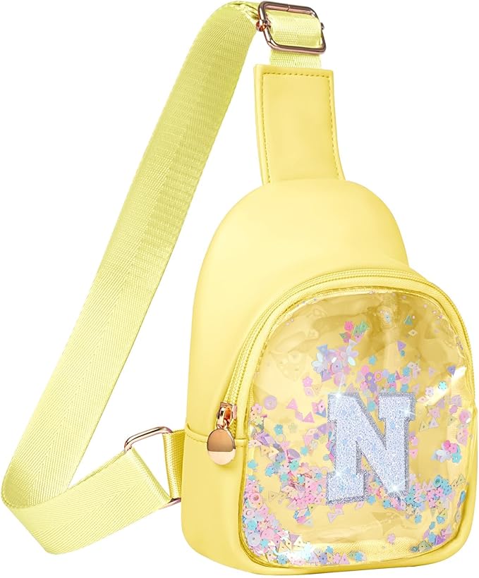 COSHAYSOO Personalized Christmas Birthday Gifts Burr Basket Stuffers for Girls Yellow Purse Sling Bag Crossbody Girl Cute Funny Cool Mini Travel Fashion Accessories Monogrammed Initial Letter N